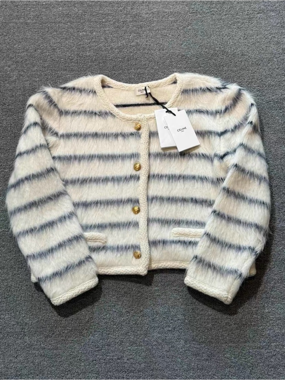 CELINE Cream & Navy Striped Fuzzy Cardigan Jacket